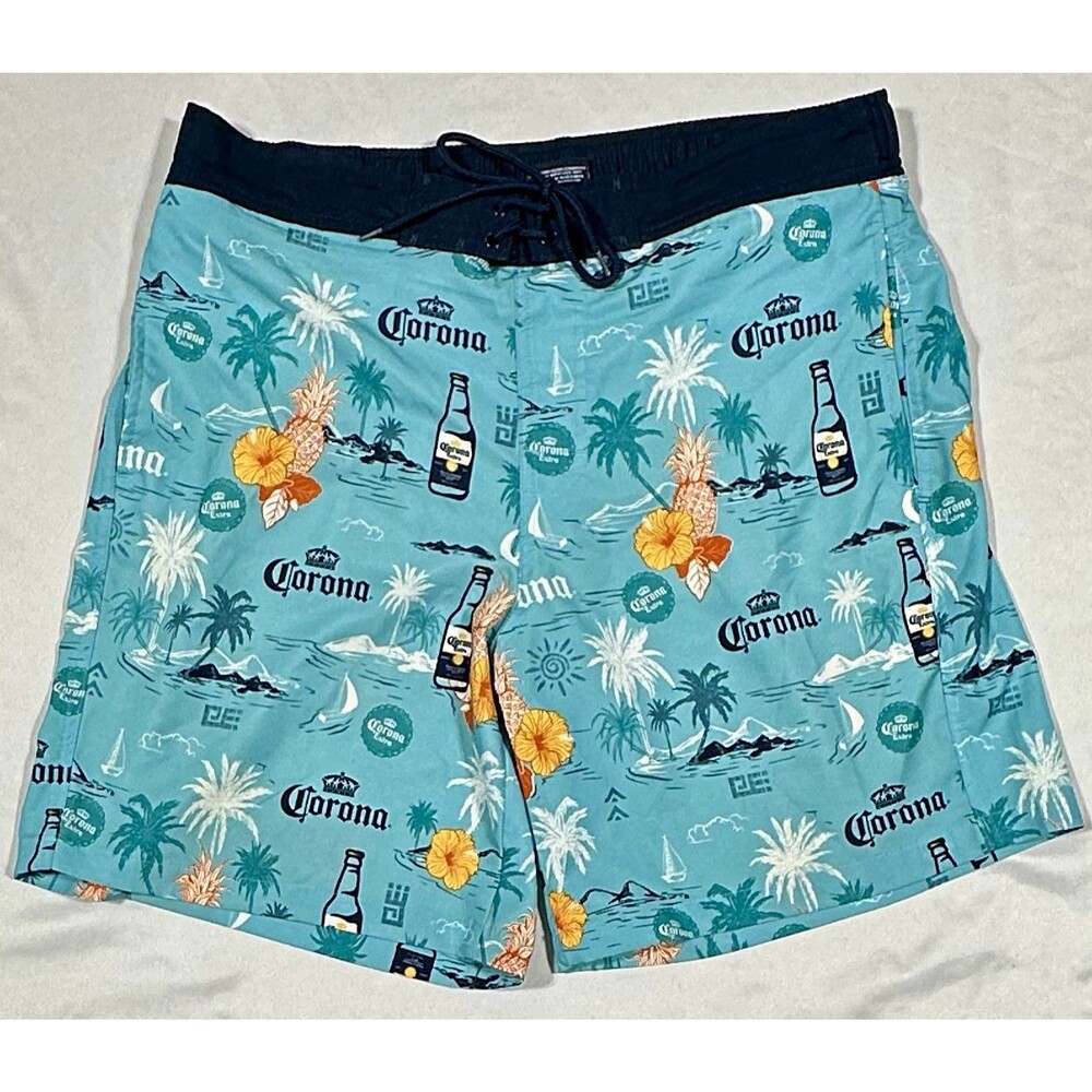 Corona Men's Tropical Swim Trunks Blue Mesh Lined Drawstring Pockets Size L